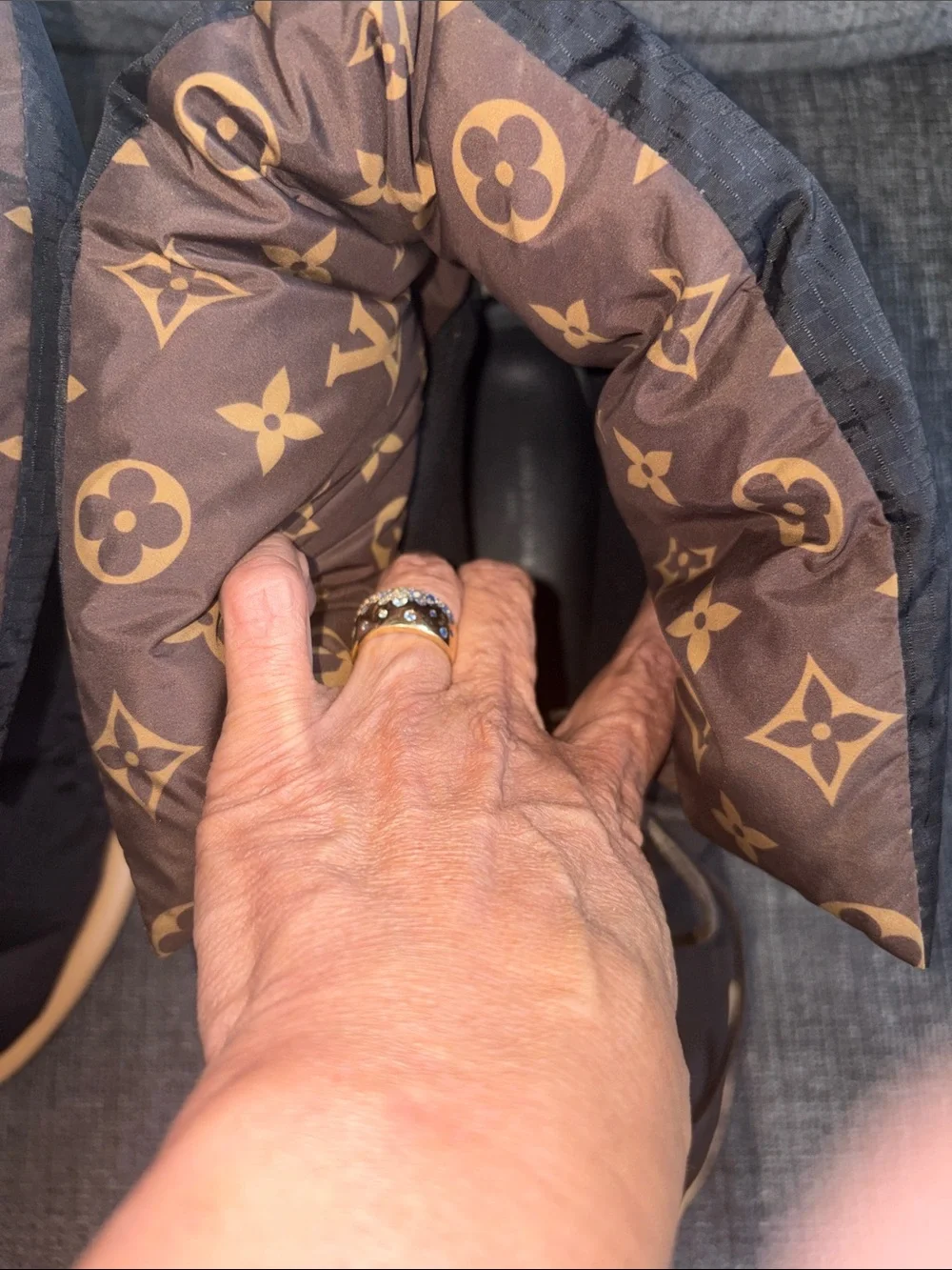 Louis Vuitton Black Quilted Winter Boots with Brown Monogram Cuff